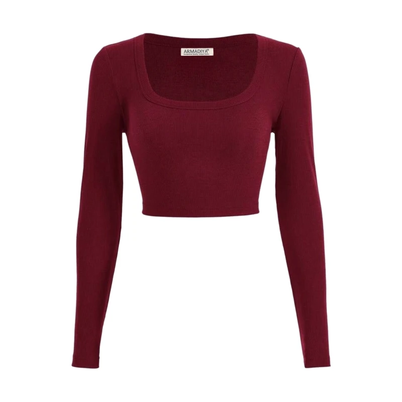 کراپ‌ تی‌شرت آستین بلند زنانه آرمادیا مدل کبریتی یقه اسکوپی کد CH06
