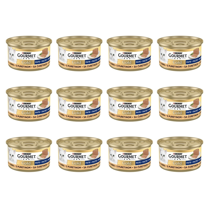 کنسرو غذای گربه گورمت مدل گلد طعم بوقلمون پته وزن 1020 گرم بسته 12 عددی
