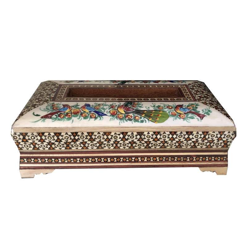 جعبه دستمال کاغذی خاتم کاری طرح گل و مرغ کد 562