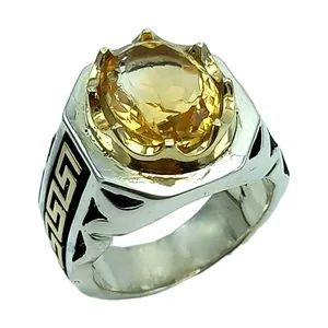 انگشتر نقره مردانه مدل شبکه مزین به جواهر سیترین