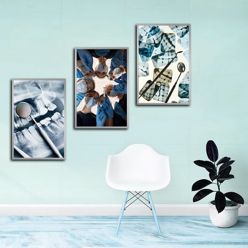 تابلو بکلیت طرح دندان و دندانپزشکی مدل SI-3899 فریم نقره ای مجموعه 3 عددی