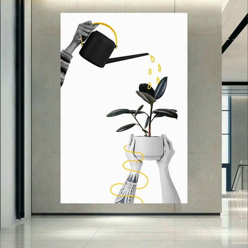 تابلو شاسی مخمل طرح انتزاعی کار گروهی و همکاری مدل گلدان و آبپاش کد AR31279