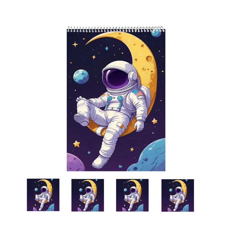 دفتر نقاشی فانتزی 50 برگ مدل فضانورد و ماه کد 2 به همراه برچسب مجموعه 5 عددی