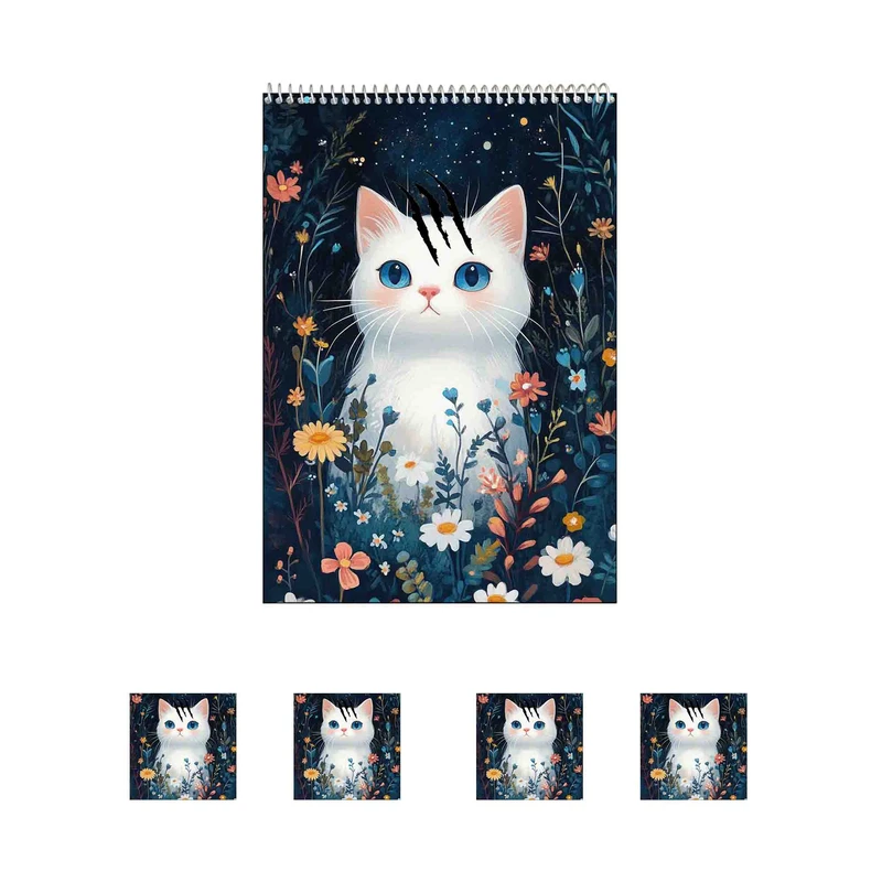 دفتر نقاشی 50 برگ مدل گربه ملوس کد A1 به همراه برچسب مجموعه 5 عددی