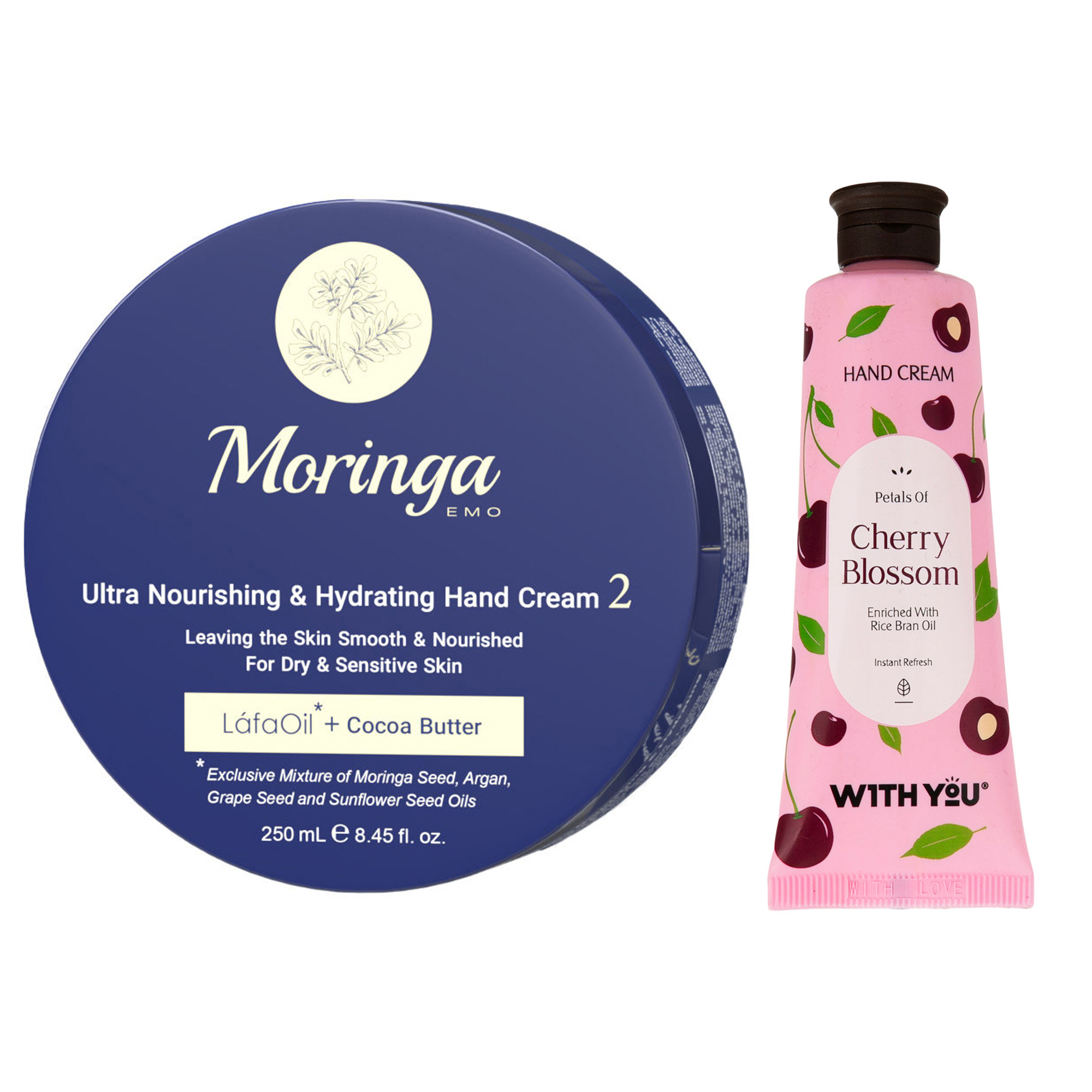 کرم آبرسان مورینگا امو مدل LáfaOil حجم 250 میلی لیتر به همراه کرم مرطوب کننده ویت یو مدل Cherry Blossom حجم 50 میلی لیتر