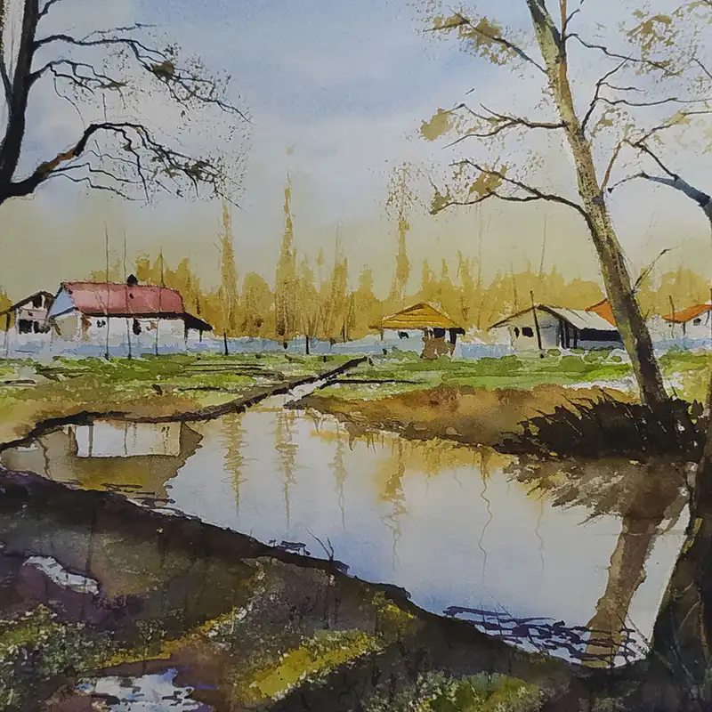 نقاشی آبرنگ طرح روستای شمال کد 7