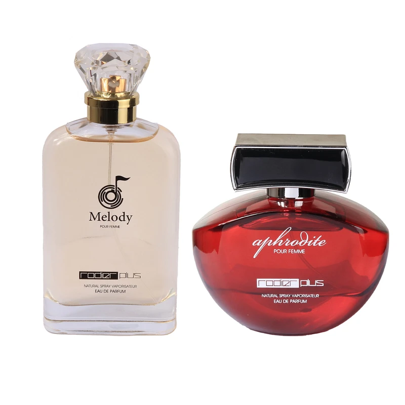ادوپرفیوم زنانه رودیر پلاس مدل Aphrooite با رایحه ملایم حجم 100 میلی‌لیتر به همراه ادوپرفیوم زنانه رودیر پلاس مدل Melody با رایحه شیرین حجم 100 میلی‌لیتر