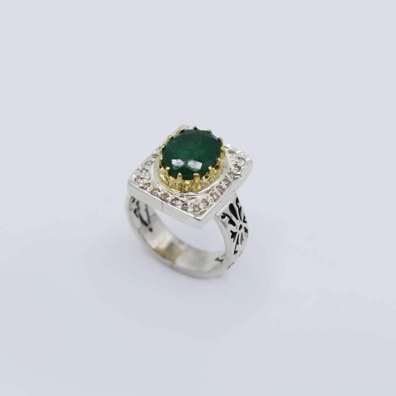 انگشتر نقره مردانه مدل سنگ زمرد و برلیان کد 105