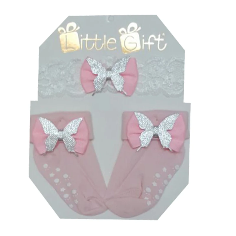 ست هدبند و جوراب نوزادی مدل پروانه کد 2022  رنگ صورتی