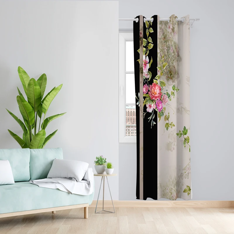 پرده طرح گل و حاشیه مدل مخمل پانچی کد L 546 Z سایز 140x200 سانتی متر