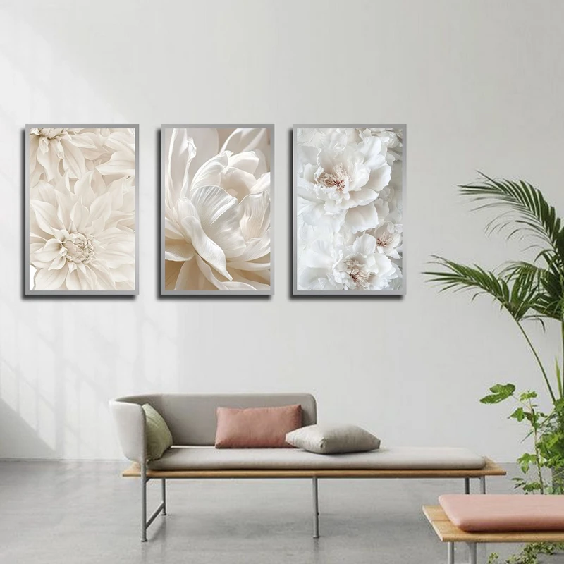 تابلو بکلیت طرح طبیعت و گل رز سفید مدل SI-3934 فریم نقره ای مجموعه 3 عددی