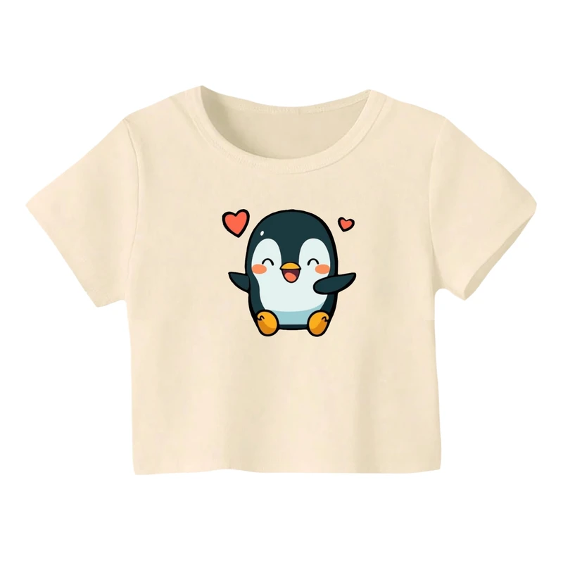 کراپ‌ تی‌شرت آستین کوتاه زنانه مدل پنگوئن کد 2