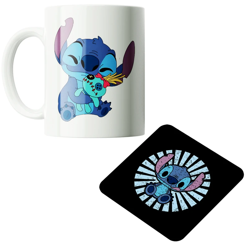 ماگ پاد آفرین مدل کارتونی استیچ و لیلو کد PZ279 به همراه زیرلیوانی