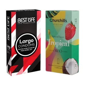 کاندوم چرچیلز مدل Tropical بسته 12 عددی به همراه کاندوم بست لایف مدل Largo بسته 12 عددی