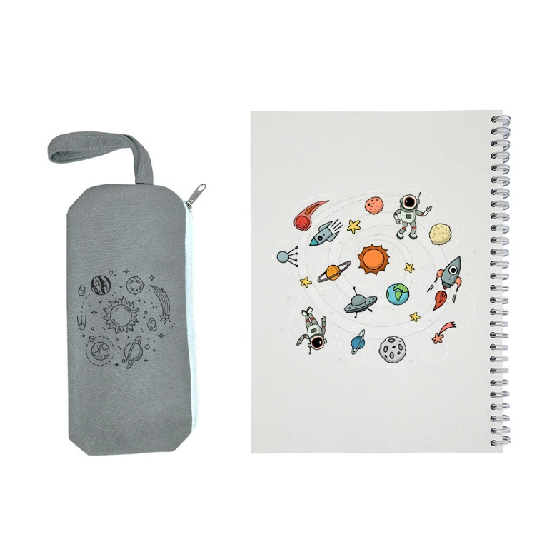دفتر مشق 50 برگ مدل فضانوردی به همراه جامدادی