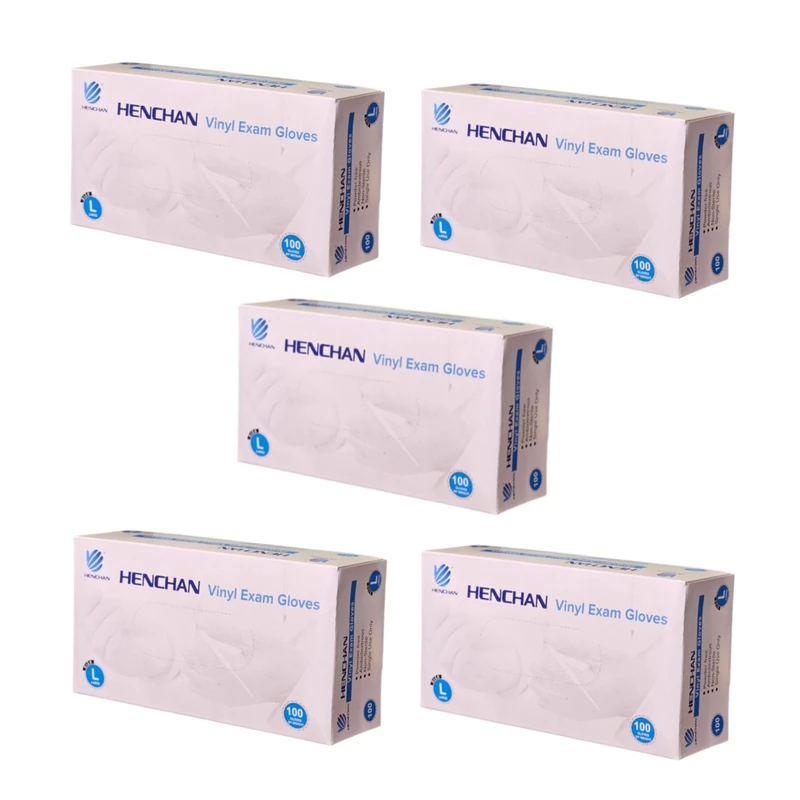 دستکش وینیل غیر پودری هنچان مدل L5 سایز بزرگ (L) پنج بسته 100 عددی