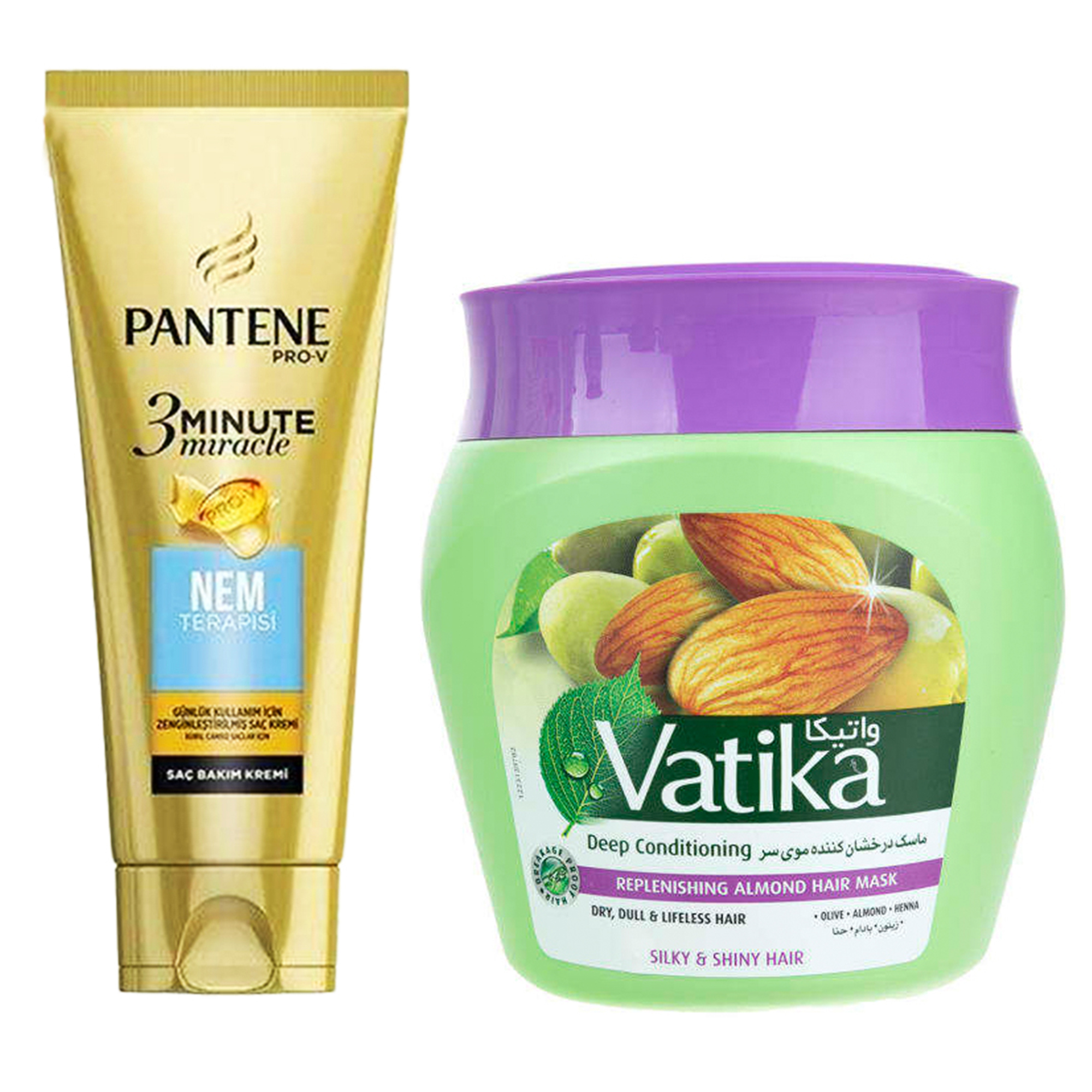 ماسک مو آبرسان پنتن مدل Nem Terapisi حجم 200 میلی لیتر به همراه ماسک مو واتیکا مدل Replenishing Almond حجم 500 میلی لیتر