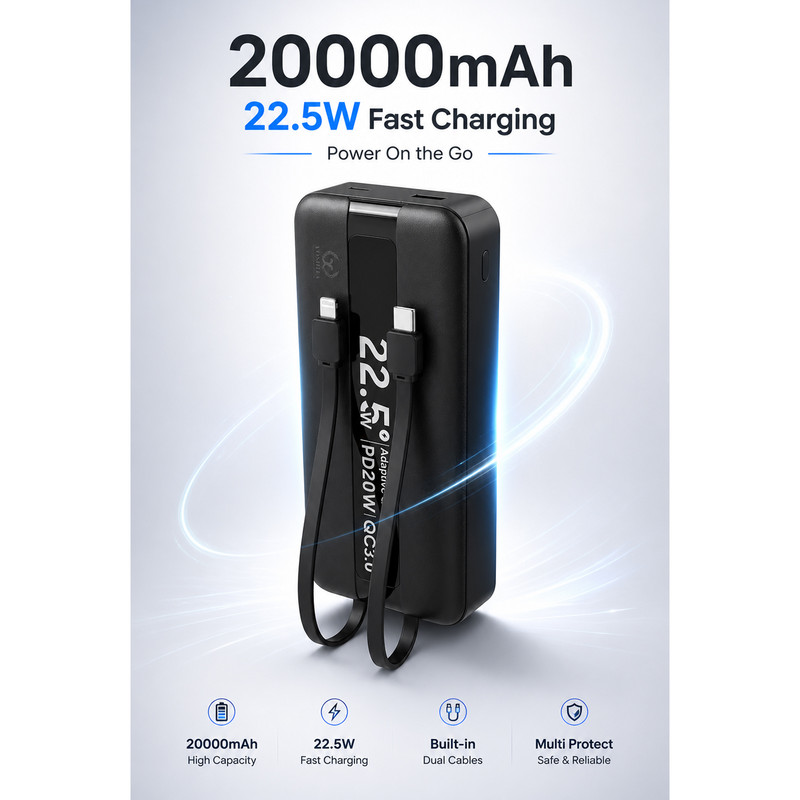 پاوربانک 22.5 وات یوشیتا مدل YP-021 ظرفیت 20000 میلی‌آمپر‌ساعت به همراه سه عدد کابل USB-C/ لایتنینگ / USB-C