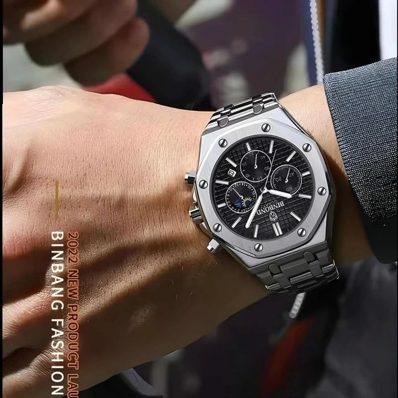 ساعت مچی عقربه‌ای مردانه کوارتز بین باند مدل سه موتور فعال کورنوگراف قفل مخفی کد 9