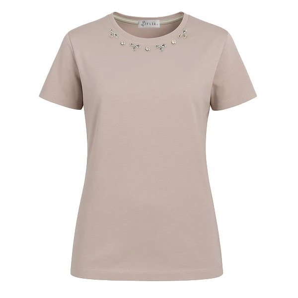 تی‌شرت آستین کوتاه زنانه ایپلیک زی مدل یقه سنگ دوزی کد IP21.5