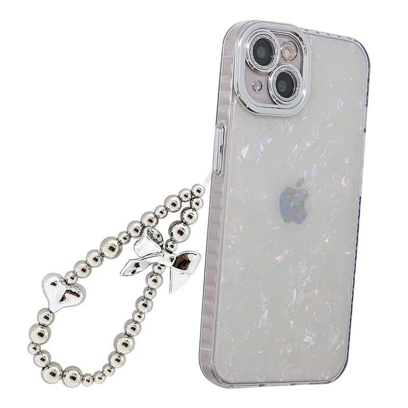 کاور مدل ماربل طرح اکلیلی مناسب برای گوشی موبایل اپل iphone 15  به همراه آویز مرواریدی