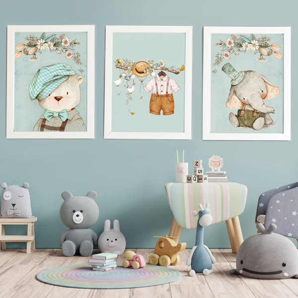 تابلو اتاق کودک مدل خرس و فیل و لباس پسرانه در جنگل پاستیلی مجموعه 3 عددی