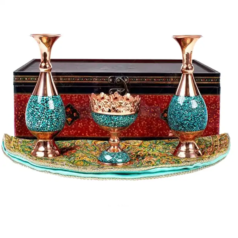 ست گلدان و آجیل خوری فیروزه‌کوبی و ترمه آرا هنر فاخر ایرانی مدل V156 مجموعه 4 عددی