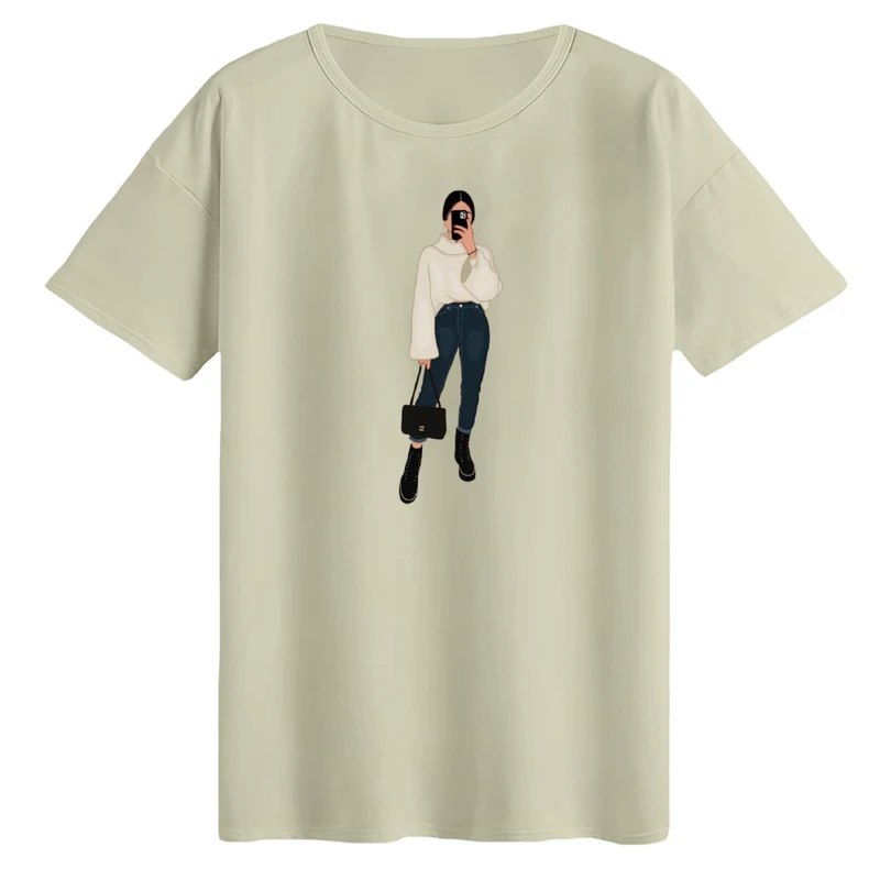 تی‌شرت لانگ آستین کوتاه زنانه مدل دختر ایستاده رنگ کرم