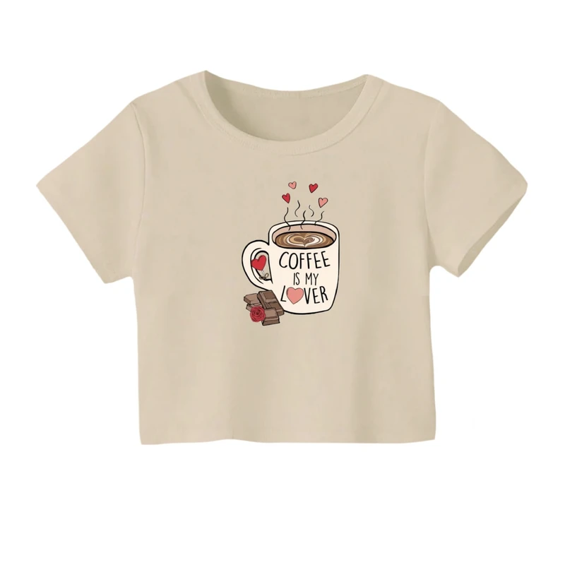 کراپ‌ تی‌شرت آستین کوتاه زنانه مدل فنجون قهوه
