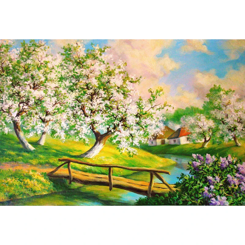 تابلو شاسی طرح نقاشی رنگ روغن چشم انداز بهاری رودخانه پل و جنگل مدل T1013
