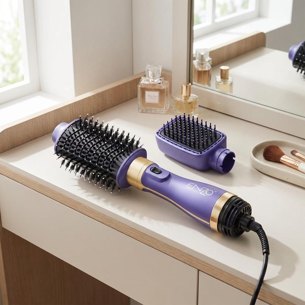 سشوار برس‌دار حالت‌دهنده انزو پروفیشینال مدل EN-4128 با توان 1200 وات، موتور DC، دو سری برس گرد و شانه‌دار، تنظیم دما و سرعت دو حالته، فناوری یونیک برای کاهش وز و افزایش درخشندگی مو، خشک‌کن و حالت‌دهنده همزمان