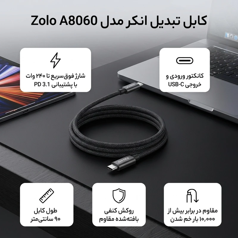 عکس شماره 2 : کابل تبدیل usb-c به usb-c انکر مدل zolo a8060 طول 0.9 متر با توان 240 وات