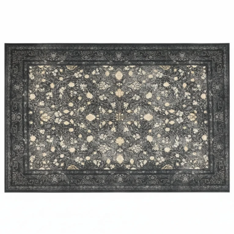 فرش ماشینی 1200 شانه زمینه دودی لایت حاشیه طوسی مدل نئوکلاسیک سری وینتیج