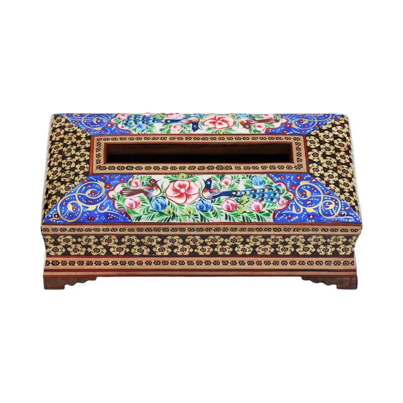 جعبه دستمال کاغذی خاتم کاری چوبی فراز هنر مدل نقاشی گل و مرغ کد 3