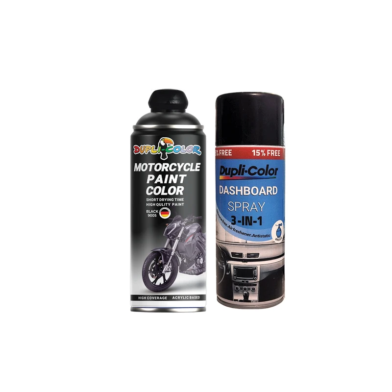 اسپری پولیش و خوشبو کننده داشبورد و اسپری رنگ موتور سیکلت مشکی دوپلی کالر مدل 9005 حجم 400 میلی لیتر مجموعه 2 عددی