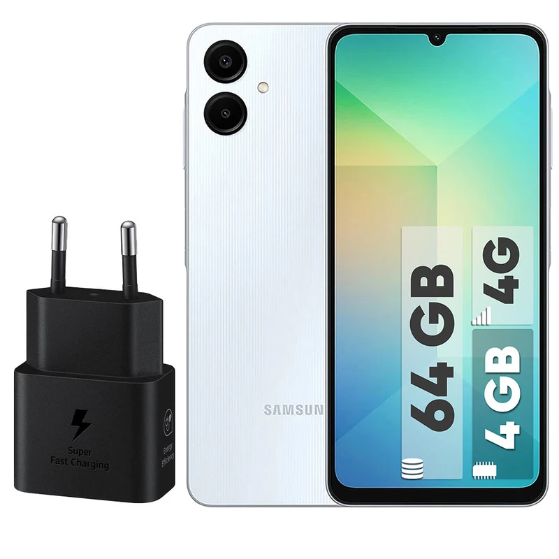  گوشی موبایل سامسونگ مدل Galaxy A06 دو سیم کارت ظرفیت 64 گیگابایت و رم 4 گیگابایت - به همراه شارژر 25 وات سامسونگ