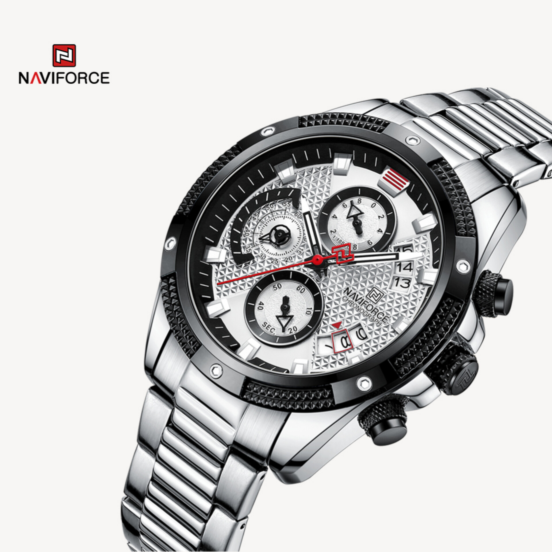 ساعت مچی عقربهای مردانه نیوی فورس مدل سه موتوره کرنوگراف NF8021-S/W ساعت مچی عقربهای مردانه نیوی فورس مدل سه موتوره کرنوگراف NF8021-S/W