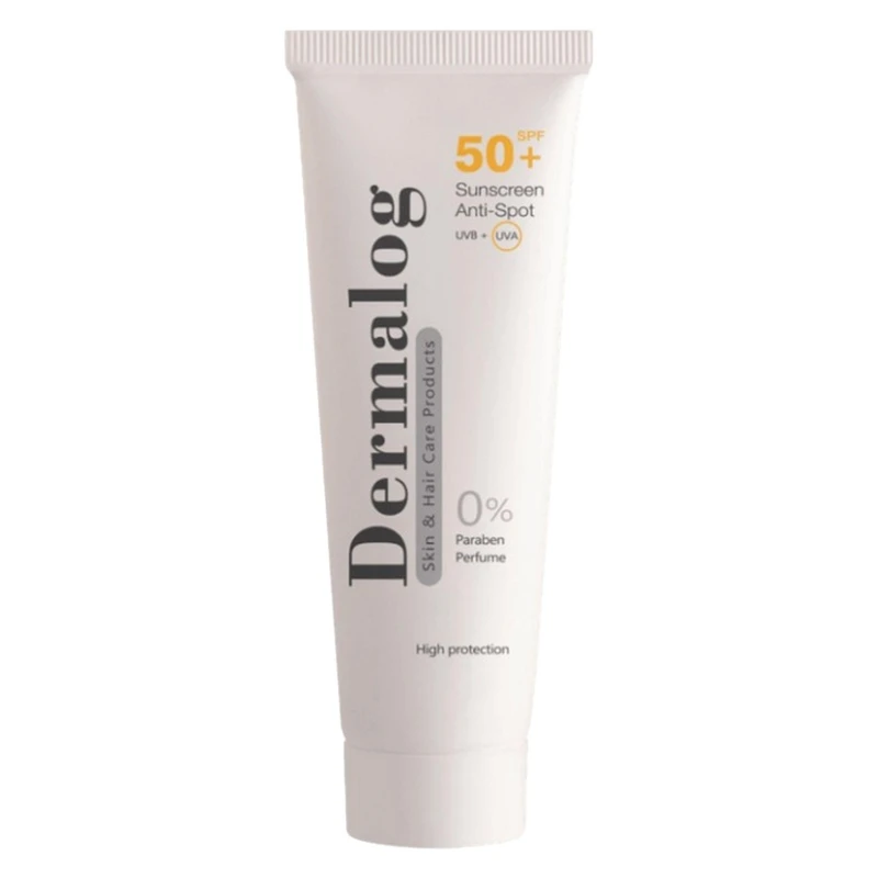 کرم ضد آفتاب بی‌رنگ درمالوگ، SPF 50، مدل anti spot، مناسب انواع پوست با حجم 50 میلی‌لیتر، فاقد پارابن، محافظت‌کننده در برابر اشعه‌های UVA و UVB، ضد چروک، ضد لک و پیری، دارای فرمولاسیون تیتانیوم دی اکساید و زینک اکساید، با ماندگاری 4 ساعته