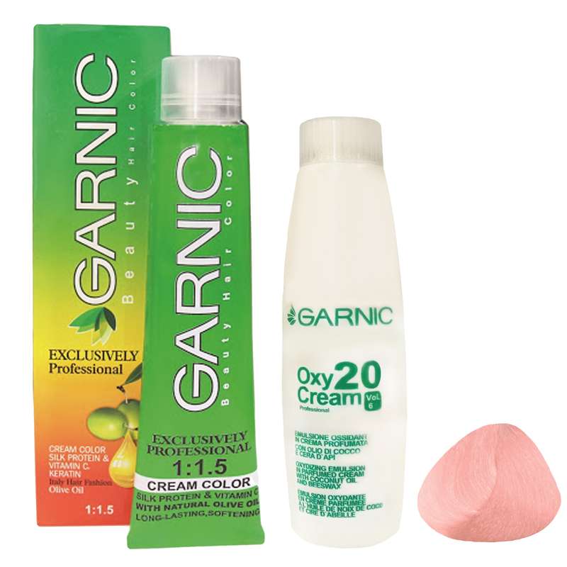 رنگ مو گارنیک شماره F21 حجم 120 میلی لیتر رنگ صورتی روشن به همراه اکسیدان گارنیک مدل 20vol شش درصدی حجم 180 میلی لیتر