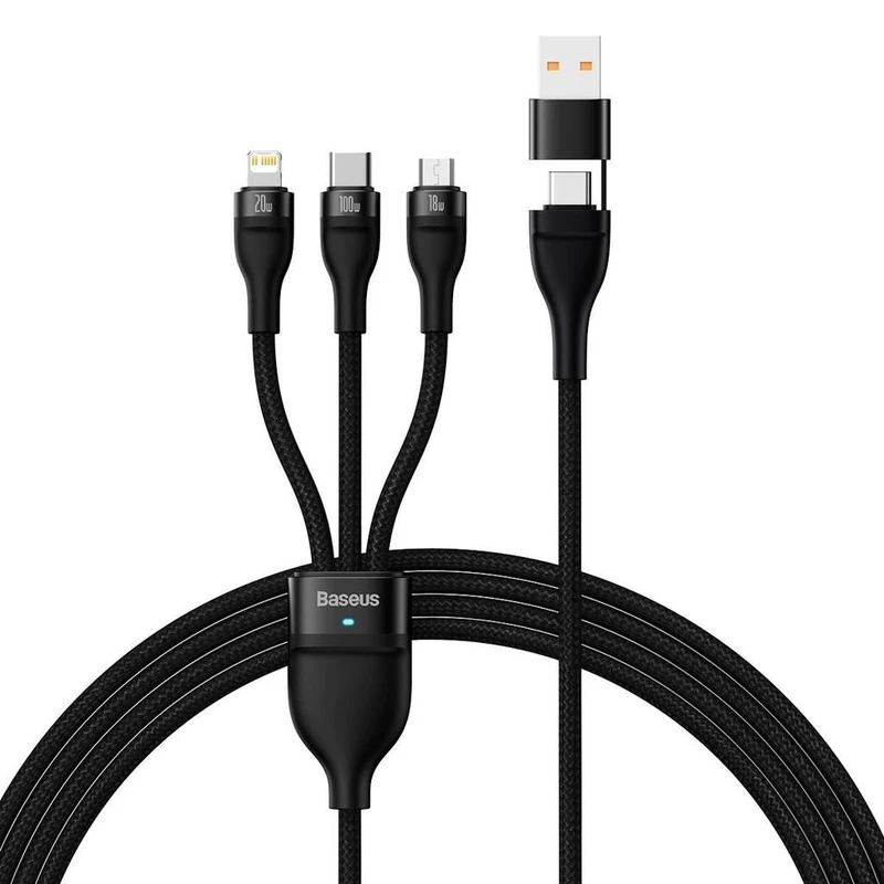کابل تبدیل USB/USB-C به USB-C / microUSB / لایتنینگ بیسوس مدل Flash Series II CB000003 100W طول 1.2 متر
