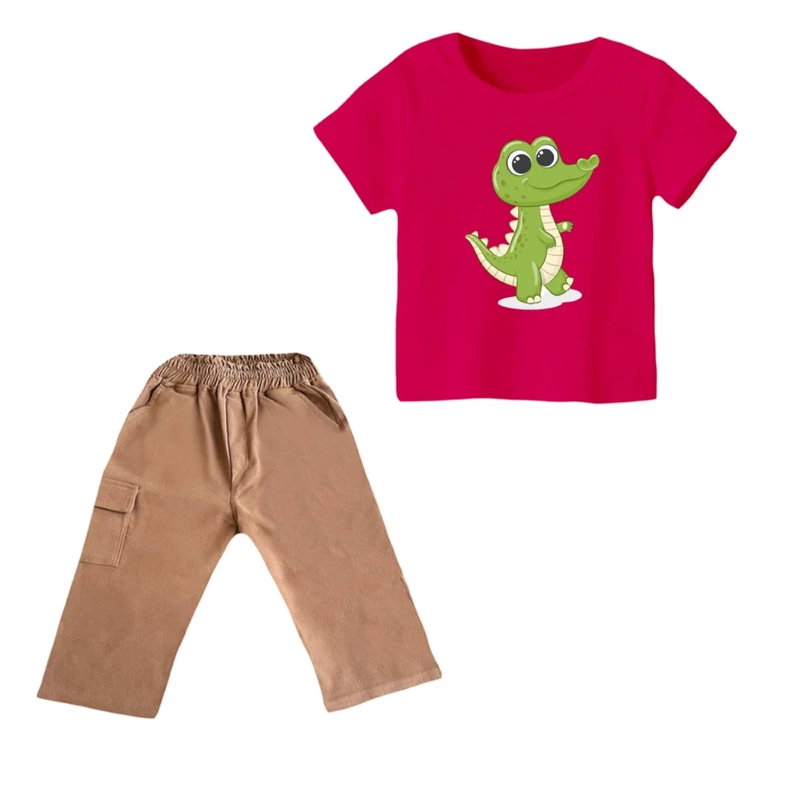 ست تی شرت و شلوارک پسرانه مدل تمساح کد ۴ رنگ سرخابی