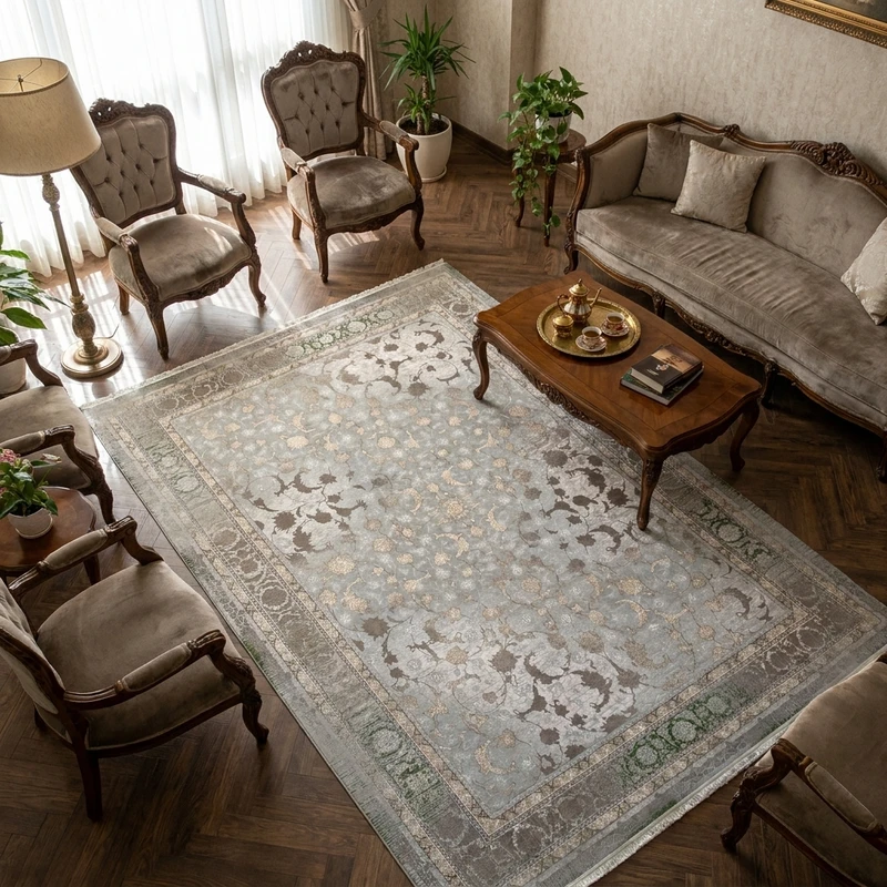 فرش ماشینی 1200 شانه 3600 تراکم لک لک نخ اکریلیک زمینه نقره ای حاشیه نقره ای مدل ماکان
