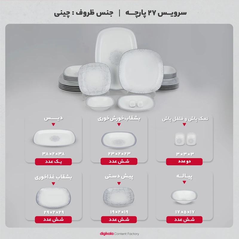 عکس شماره 19 : سرویس غذاخوری 27 پارچه چینی زرین ایران سری کواترو مدل ادلین درجه عالی