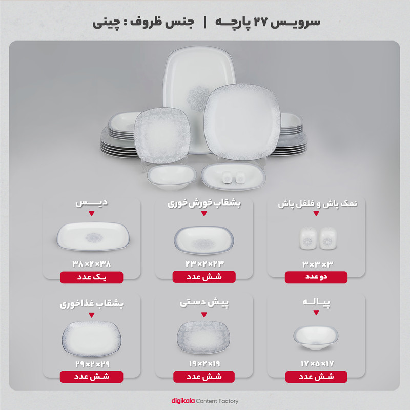  سرویس غذاخوری چینی 27 پارچه 6 نفره چینی زرین ایران مدل کواترو ادلین درجه عالی 