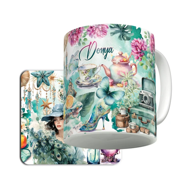 ماگ لاژید مدل اسم دنیا طرح نقاشی آبرنگ به همراه زیر لیوانی