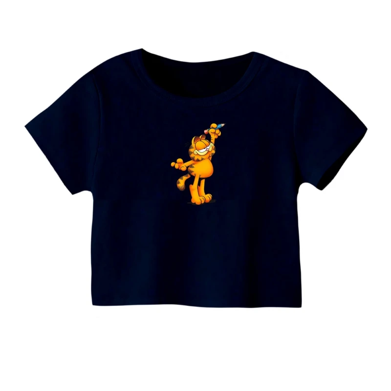 کراپ‌ تی‌شرت آستین کوتاه زنانه مدل گارفیلد کد 04 رنگ سرمه ای