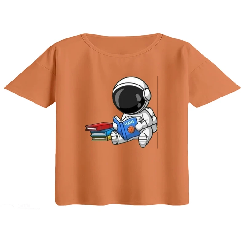 کراپ تی‌شرت آستین کوتاه زنانه مدل فضانورد و کتاب
