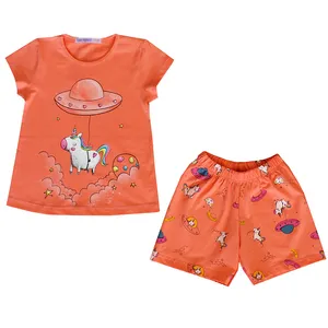 ست تی شرت و شلوارک دخترانه مدل تکشاخ رنگ نارنجی