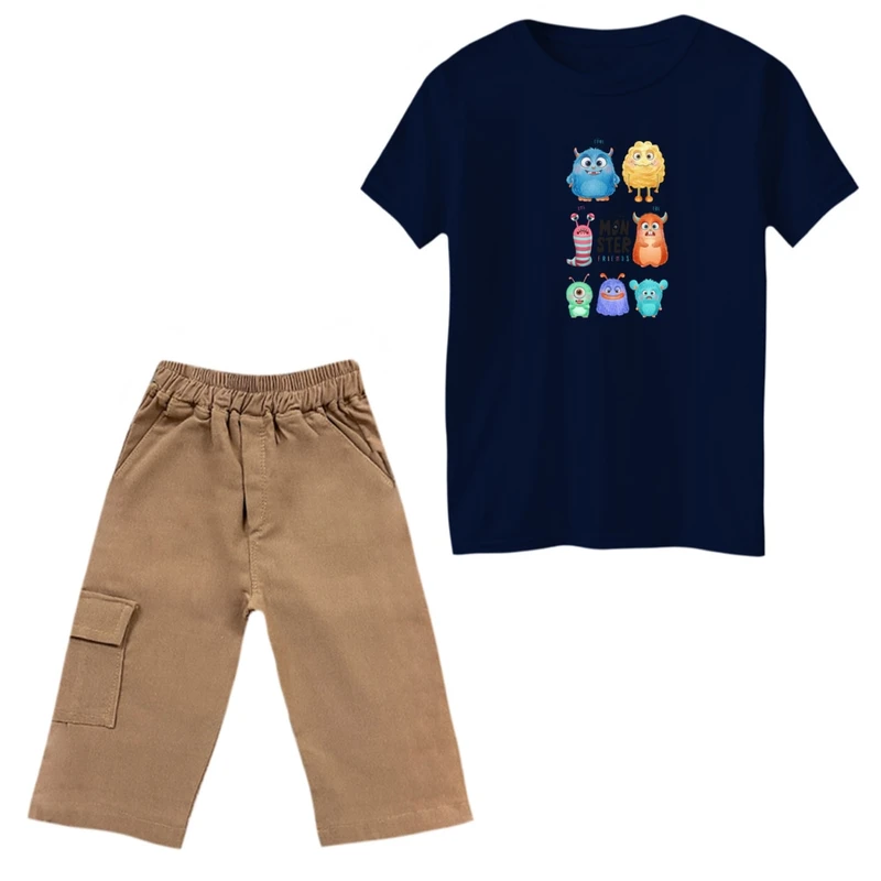 ست تی‌شرت و شلوارک پسرانه مدل هیولاهای کوچک رنگ سرمه ای