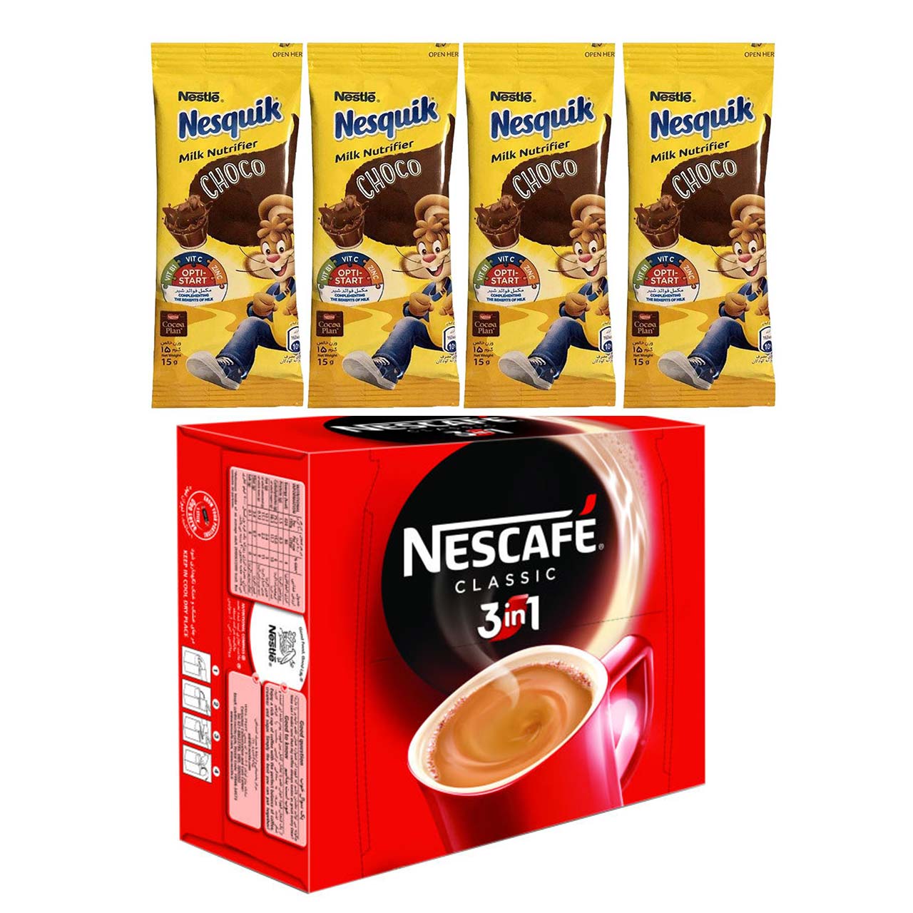 قهوه فوری مخلوط 1 × 3 نسکافه بسته 20 عددی به همراه پودر شکلات نستله مدل Nesquik بسته 4 عددی